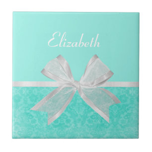 Azulejo De Cerâmica Girly Aqua Turquoise Damask White Ribbon com Nome