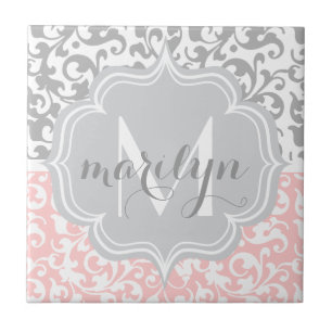 Azulejo De Cerâmica Girly Damask Swirls Rosa e Cinzas Monogramadas