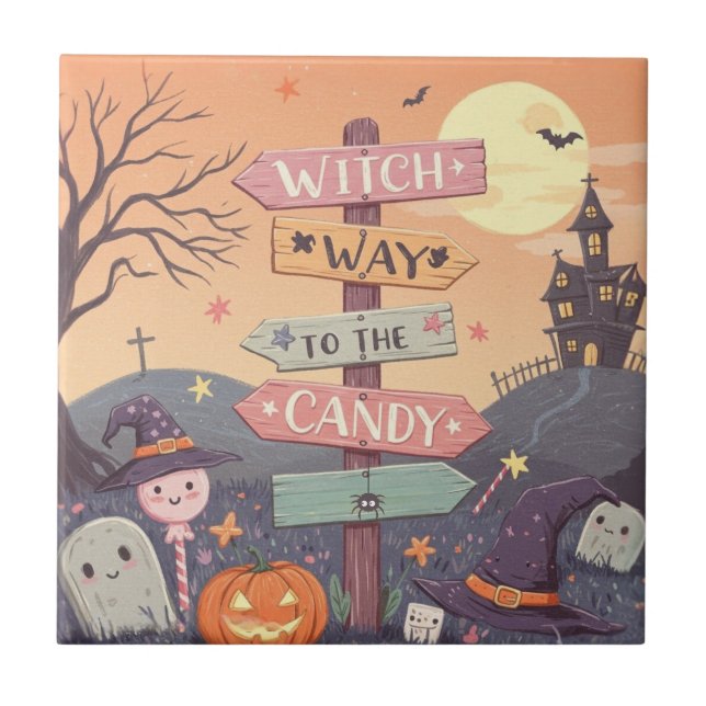 Azulejo De Cerâmica Girly Halloween - Witch Way to the Candy (Frente)
