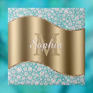 Azulejo De Cerâmica Glam Diamantes em Teal, Monograma Dourado, Nome do