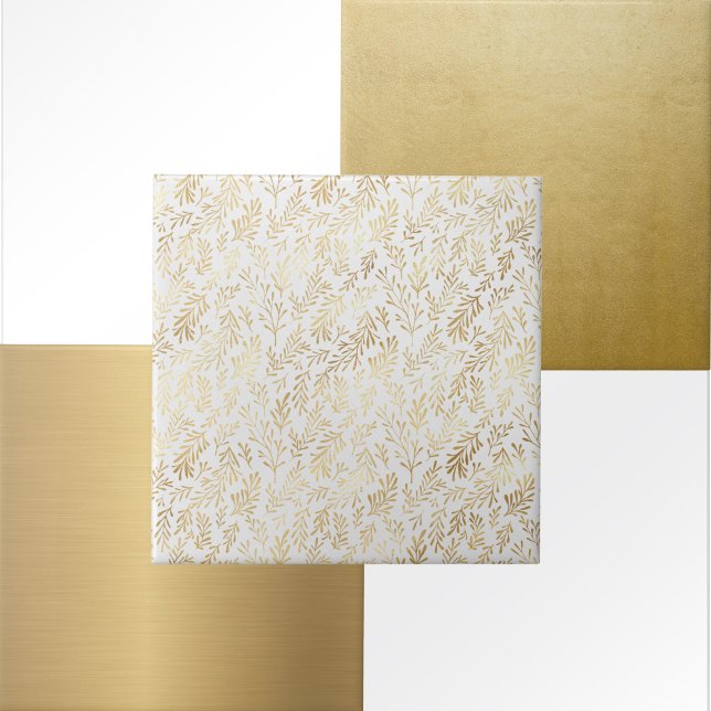 Azulejo De Cerâmica Glam White Dourado Leaves (Criador carregado)