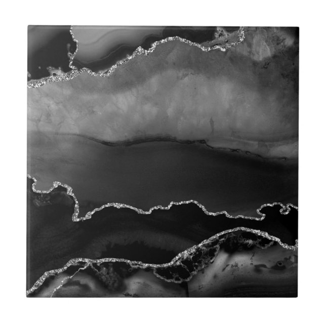 Azulejo De Cerâmica Glitter Elegante de Prata Elegante Preto (Frente)