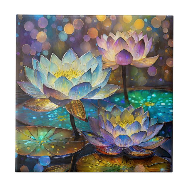 Azulejo De Cerâmica Glowing Lotus Flowers Trio (Frente)