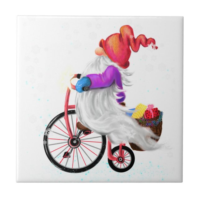 Azulejo De Cerâmica Gnome engraçado com bicicleta e presentes - Feliz  (Frente)