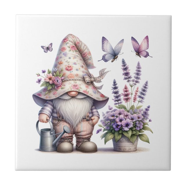 Azulejo De Cerâmica Gnomo Roxo Flores Rosa Lavanda Borboletas (Frente)
