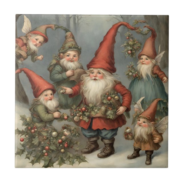 Azulejo De Cerâmica Gnomos de Natal de Fada na Floresta (Frente)