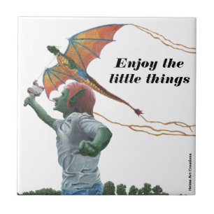 Azulejo De Cerâmica Goblin Flying Rainbow Dragon Kite Fantasy Art Azul