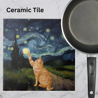 Azulejo De Cerâmica Gogh Gatinho Starry Night Cat