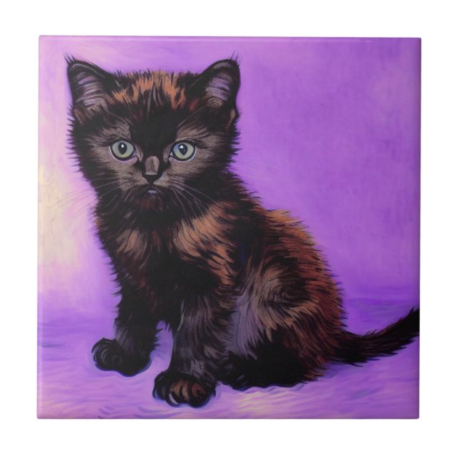 Azulejo De Cerâmica Gogh Style Purple Cat (Frente)