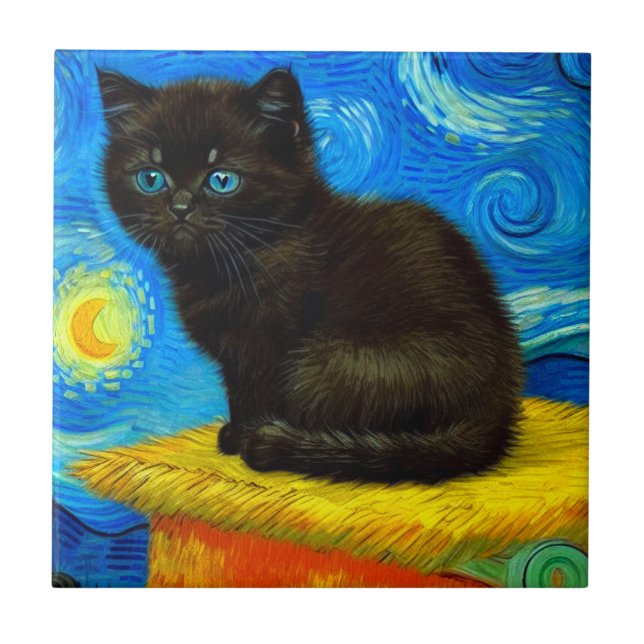Azulejo De Cerâmica Gogh Style Starry Night Cat (Frente)