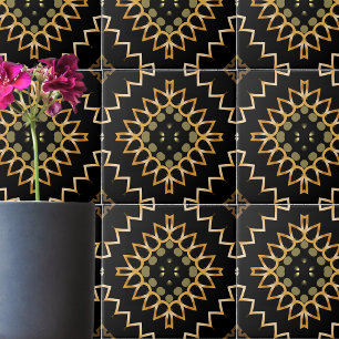 Azulejo De Cerâmica Gold and Black Geometric Ethnic Oriental Arabesque