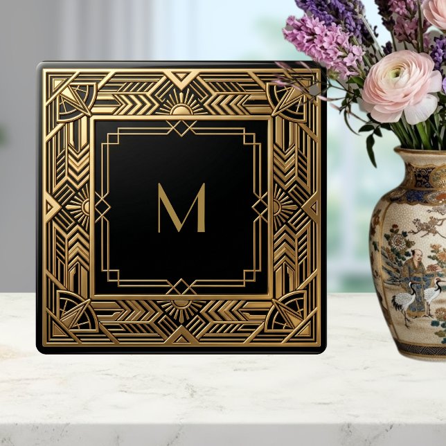 Azulejo De Cerâmica Gold Art Deco Monogram Black Personalized Luxury (Criador carregado)