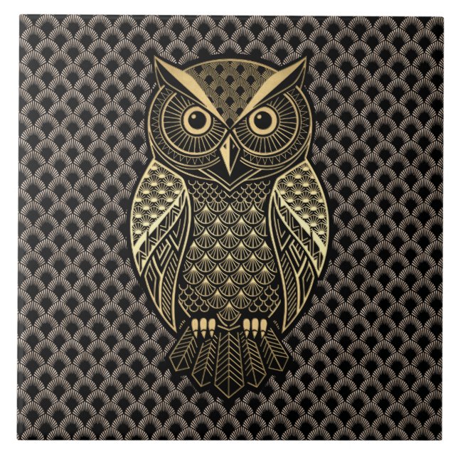 Azulejo De Cerâmica Gold Art Deco Owl (Frente)