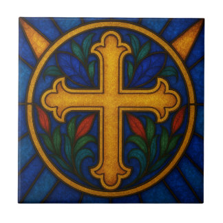 Azulejo De Cerâmica Gold Christian Cross Stained Glass Ceramic Tile