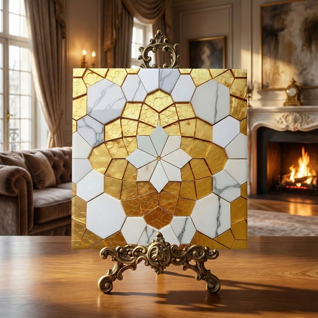 Azulejo De Cerâmica Gold Foil & White Marble Geometric Mosaic Art Deco (Criador carregado)