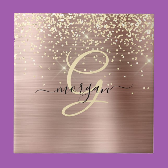 Azulejo De Cerâmica Gold Glitter, Gold Monogram, Black Script Name (Criador carregado)