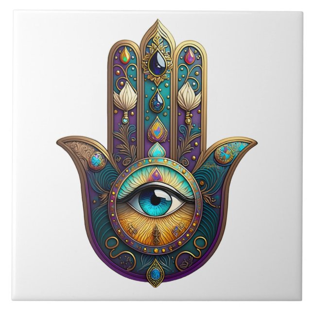 Azulejo De Cerâmica Gold Violet Teal Hamsa w/ Turquoise Third Eye (Frente)