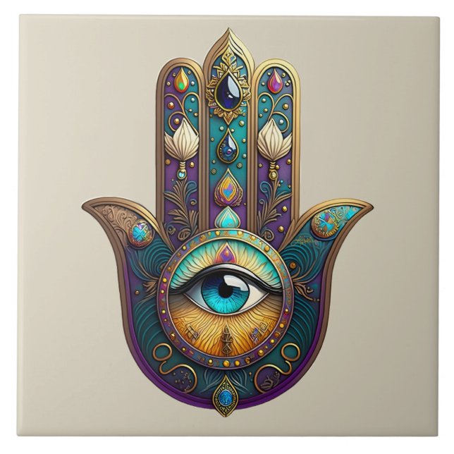 Azulejo De Cerâmica Gold Violet Teal Hamsa w/ Turquoise Third Eye (Frente)