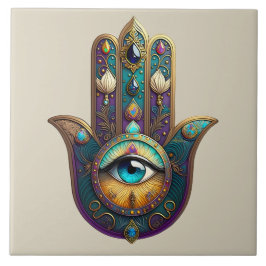 Azulejo De Cerâmica Gold Violeta Verde Água Hamsa c/ Terceiro Olho Tur