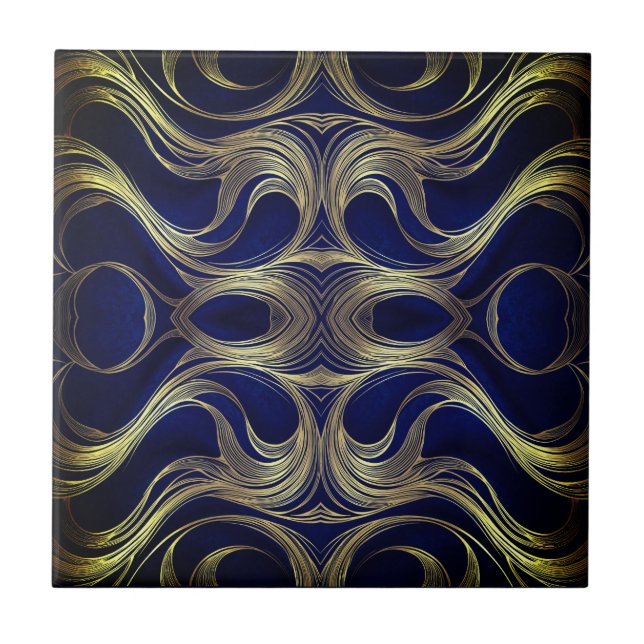 Azulejo De Cerâmica Golden Flow on Deep Blue  (Frente)
