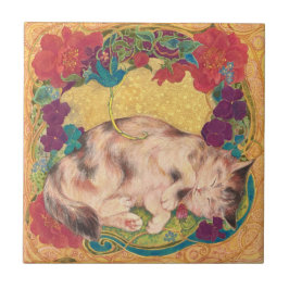 Azulejo De Cerâmica  Golden Nap: Feline Serenity in Bloom