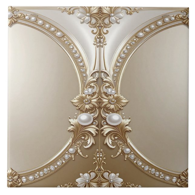 Azulejo De Cerâmica Golden Ornate Frame with Pearls Ceramic Tile (Frente)