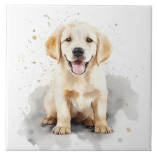 Azulejo De Cerâmica Golden Retriever Labrador Puppy Watercolor