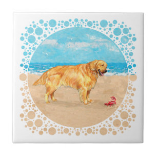 Azulejo De Cerâmica Golden Retriever na Praia