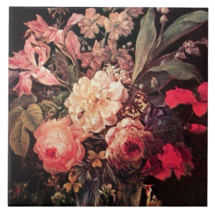 AZULEJO DE CERÂMICA GOLDFINCH, ROSAS DE PINCO E FÊMEA DE BORBOLETA