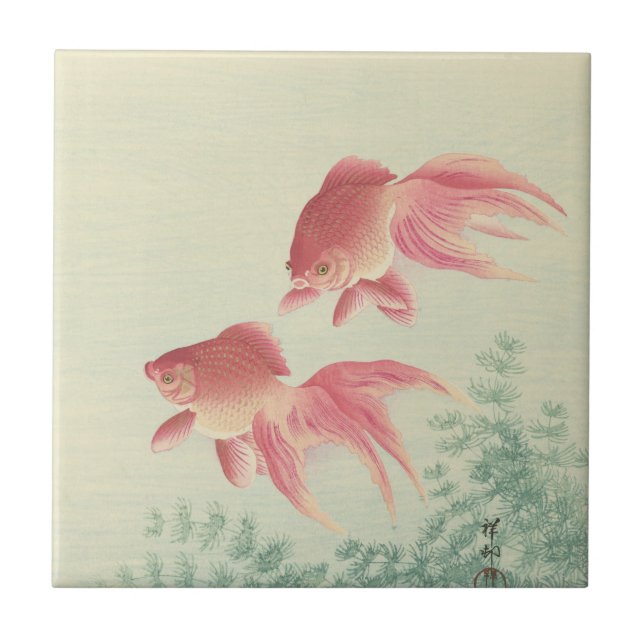 Azulejo De Cerâmica Goldfish Vintage Japonês Woodblock Impressão (Frente)