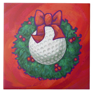 Azulejo De Cerâmica Golf Ball Christmas Wreath on Red