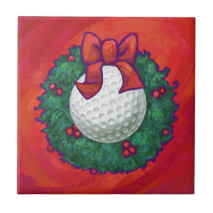Azulejo De Cerâmica Golf Ball Christmas Wreath on Red