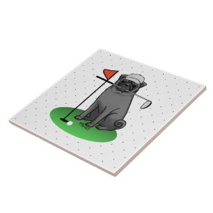 Azulejo De Cerâmica Golf Pug Jogando Golfe (preto) Cachorro Bonito Eng