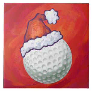 Azulejo De Cerâmica Golfe Ball em Santa Hat em Vermelho