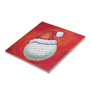 Azulejo De Cerâmica Golfe Ball em Santa Hat em Vermelho