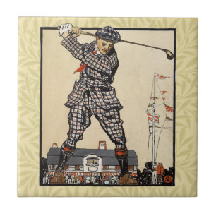 Azulejo De Cerâmica Golfe Golfista Vintage Antigo Golfe