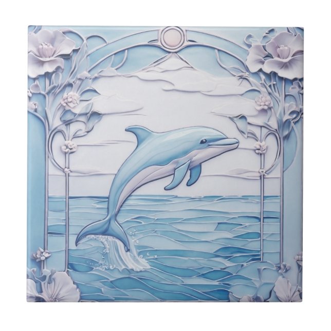 Azulejo De Cerâmica Golfinho Arte Nouveau Faux Alivio Claro Azul (Frente)