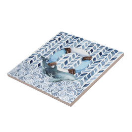 Azulejo De Cerâmica Golfinho e boia salva-vidas sobre o padrão marítim