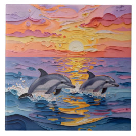 Azulejo De Cerâmica Golfinhos Impasto e Ondas do Oceano