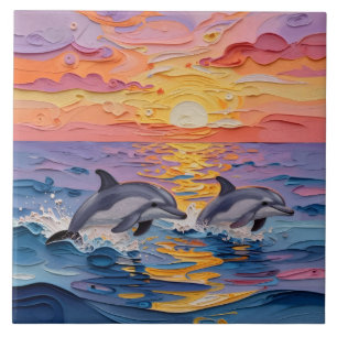 Azulejo De Cerâmica Golfinhos Impasto e Ondas do Oceano