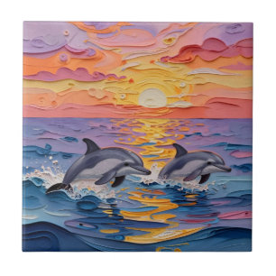 Azulejo De Cerâmica Golfinhos Impasto e Ondas do Oceano