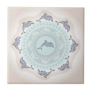 Azulejo De Cerâmica Golfinhos Mandala Azul Pálido Taupe