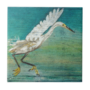 Azulejo De Cerâmica Gordo Pássaro Costeiro Egret Shorebird Sobre Água