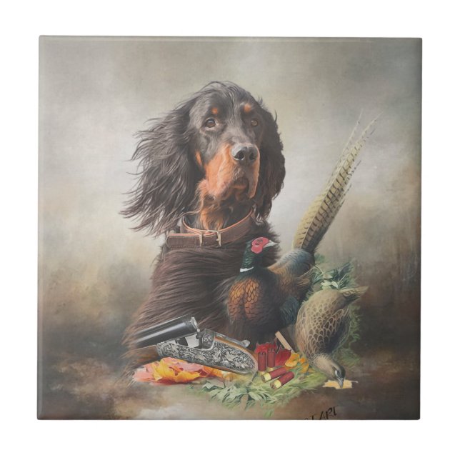 Azulejo De Cerâmica Gordon setter com faisões, Art (Frente)