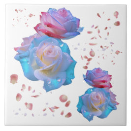 Azulejo De Cerâmica Gotas de água em Rosas cor-de-rosa e azuis em bran