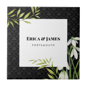 Azulejo De Cerâmica Gotas de neve brancas e Laurel Damask