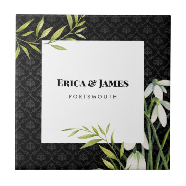 Azulejo De Cerâmica Gotas de neve brancas e Laurel Damask (Frente)