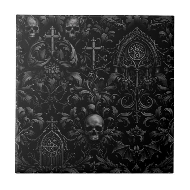 Azulejo De Cerâmica Gothic Baroque Skull Pattern in Black (Frente)