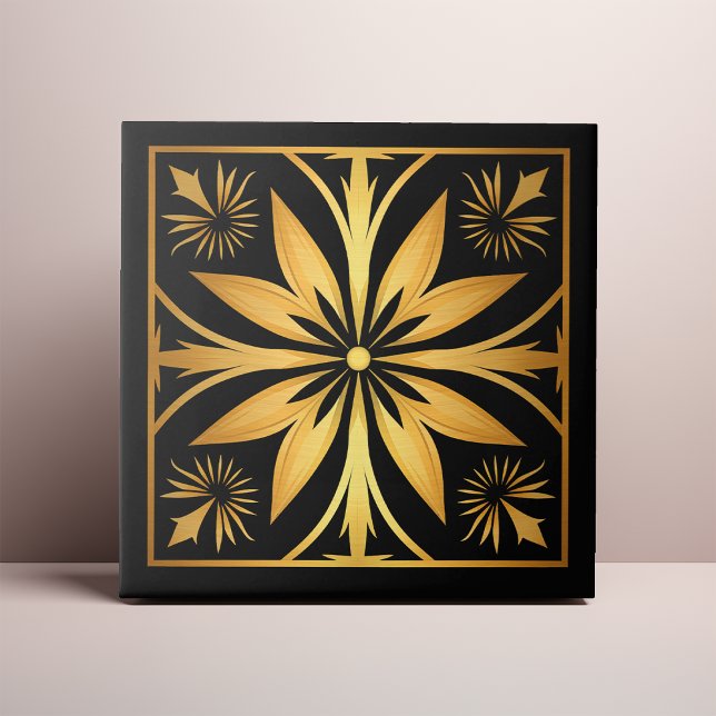 Azulejo De Cerâmica Gothic Black an Gold Floral Sunburst (Criador carregado)