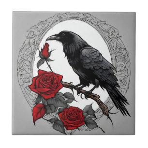 Azulejo De Cerâmica Gótica Black Raven com Rosas vermelhas